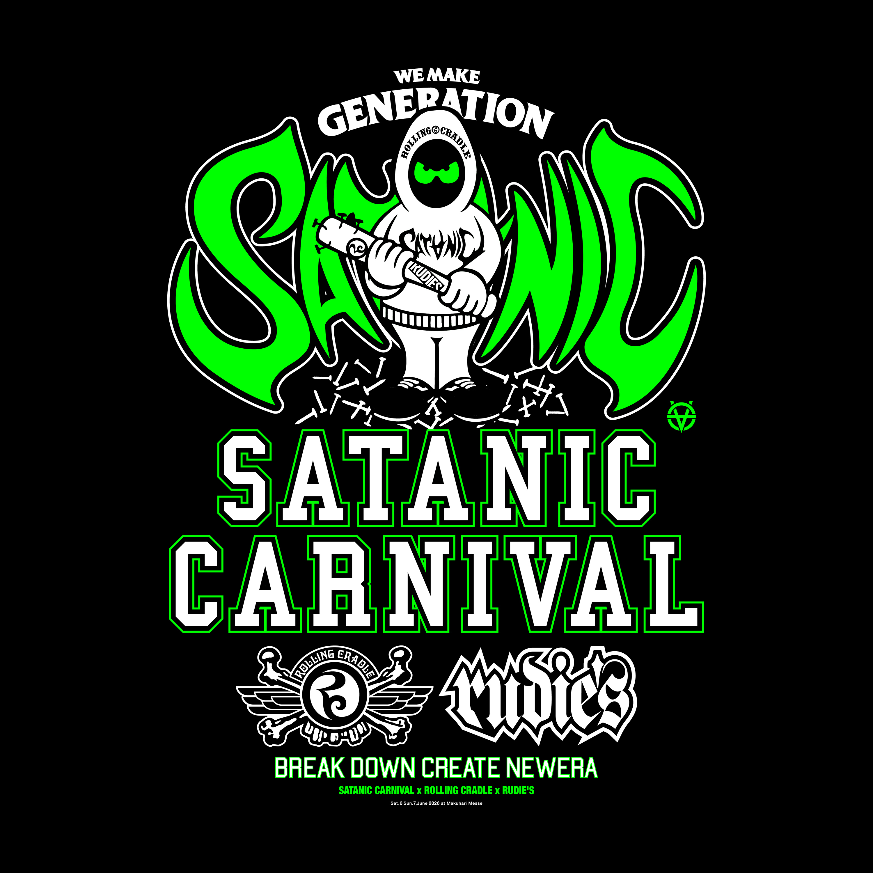SATANIC CARNIVAL 2026 x ROLLING CRADLE & RUDIE'S TEE（ブラックxグリーン）